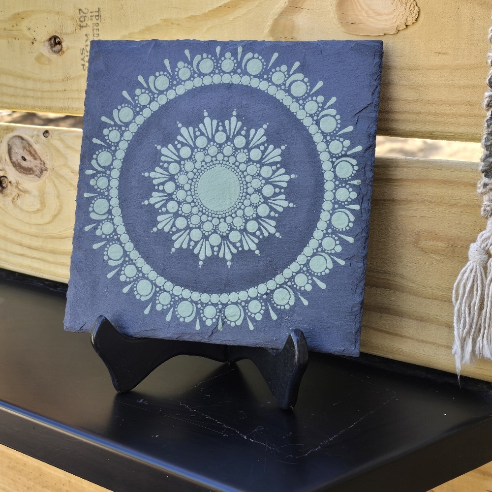 Original Hand-painted Mandala on Slate Tile 8x8 Green